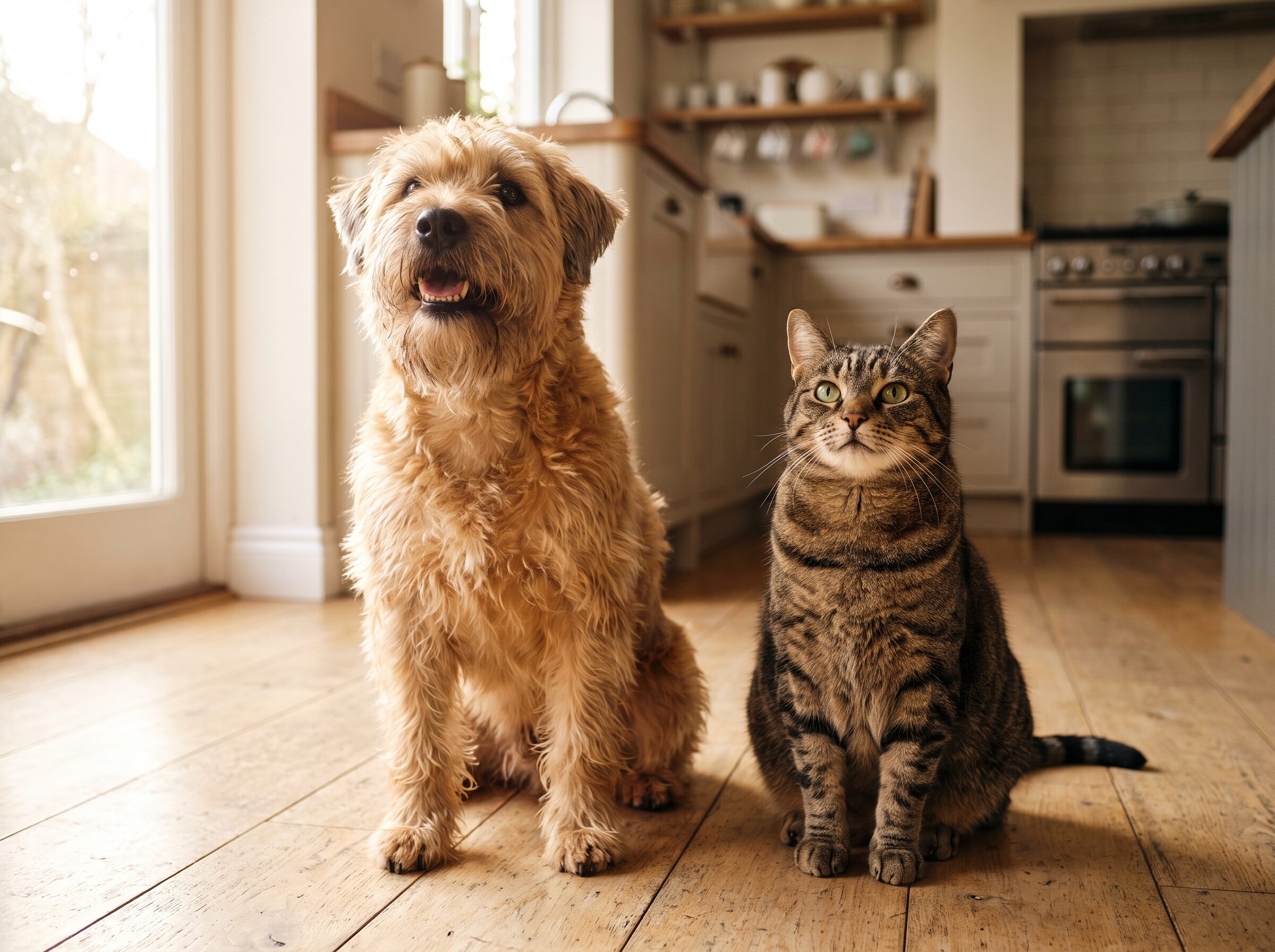 A wheaten terrier and a tabby cat sitting together on a kitchen floor looking up