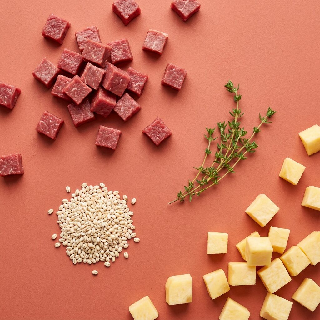 Raw beef, pearl barley, thyme and swede laid out on a red background