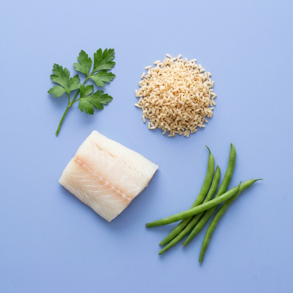 The main ingredients of White Fish & Rice