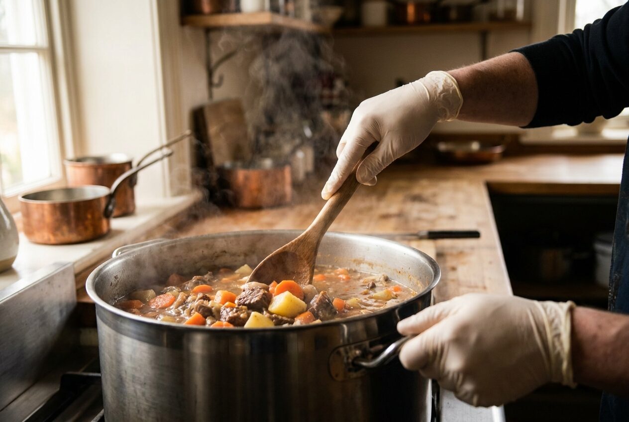 Gloved hands stirring a large stainless steel kettle of meat and vegetable stew