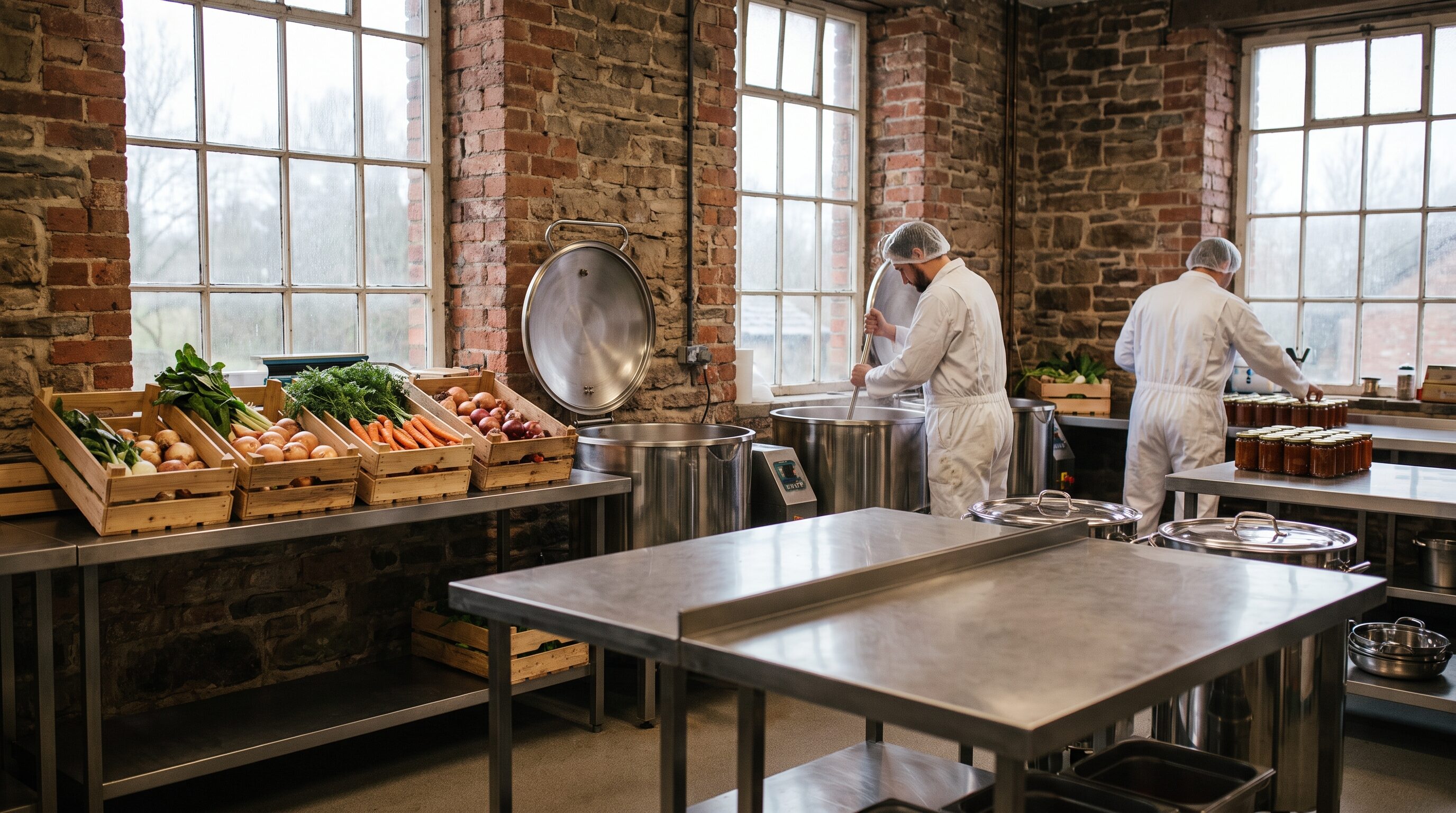 A small artisan food kitchen with stainless steel benches and cooking kettles