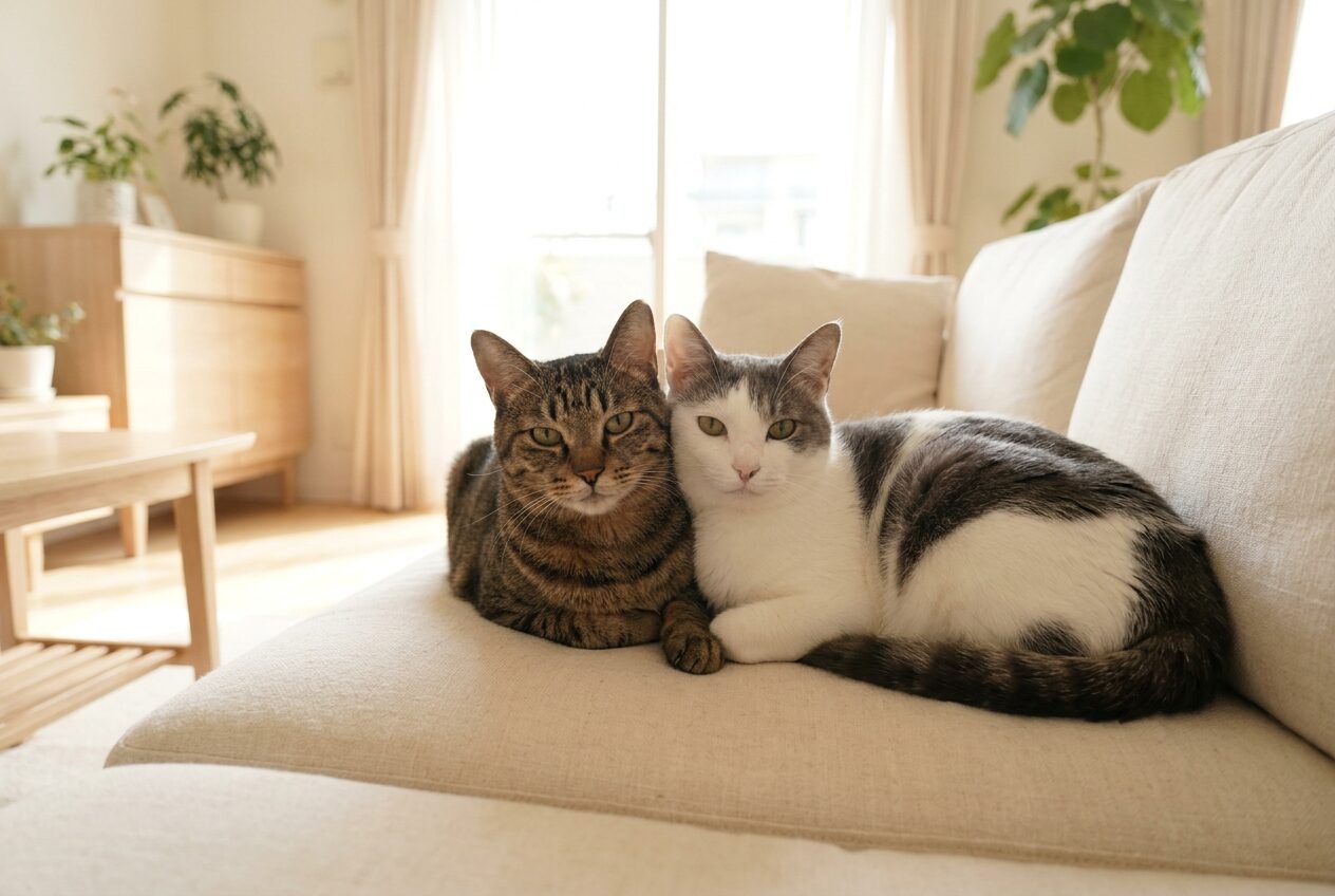 A tabby cat and a grey and white cat sitting together on a sofa