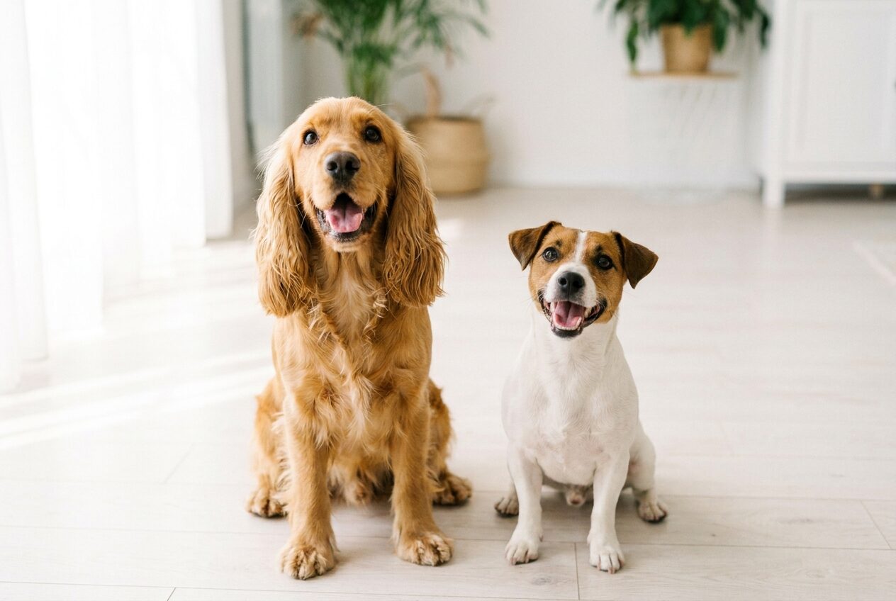 A cocker spaniel and a jack russell sitting together on a wooden floor