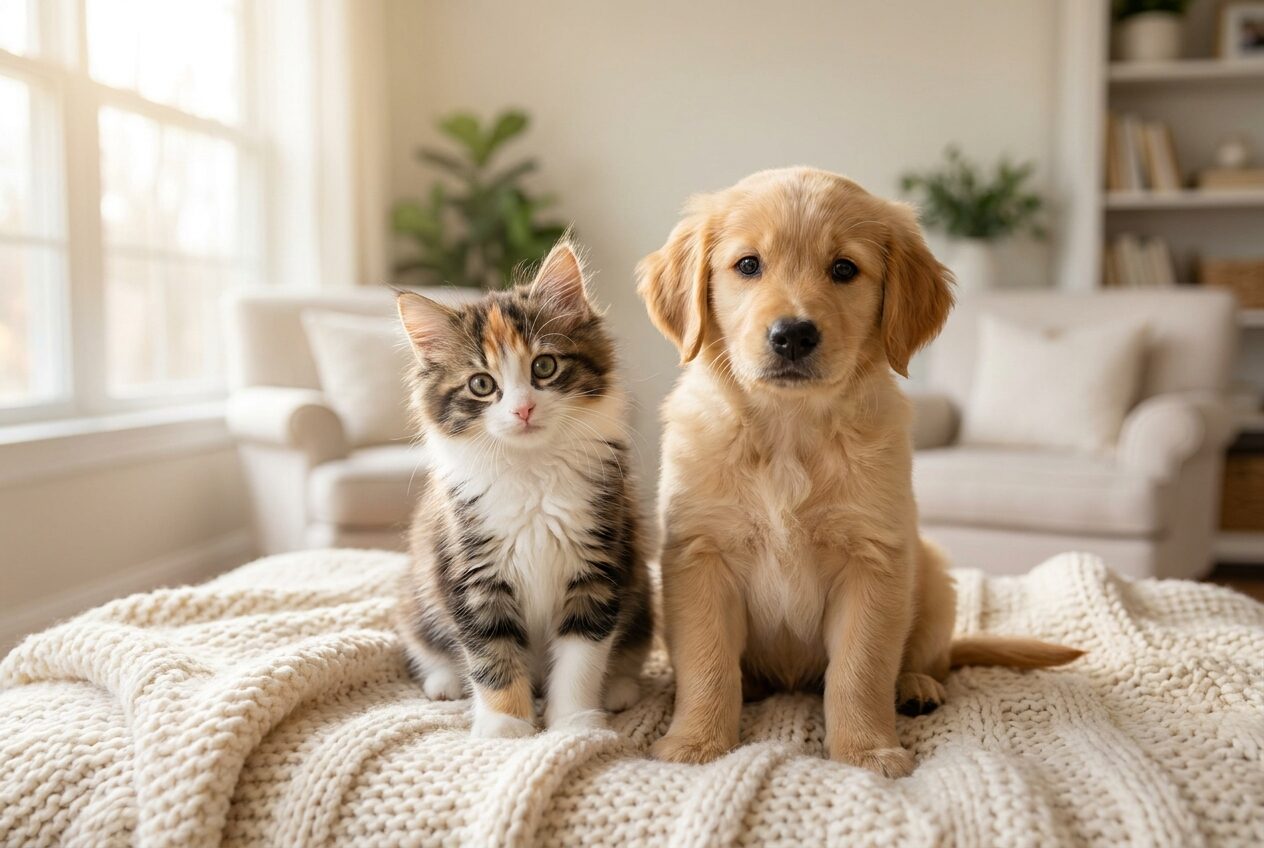 A puppy and a kitten sitting together on a cream blanket