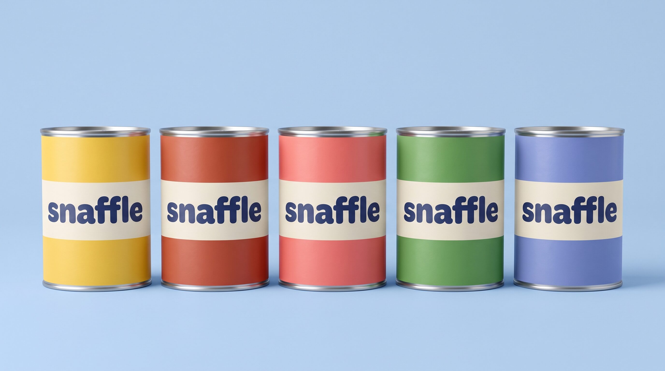 Five tins of Snaffle in a row, one in each recipe colour