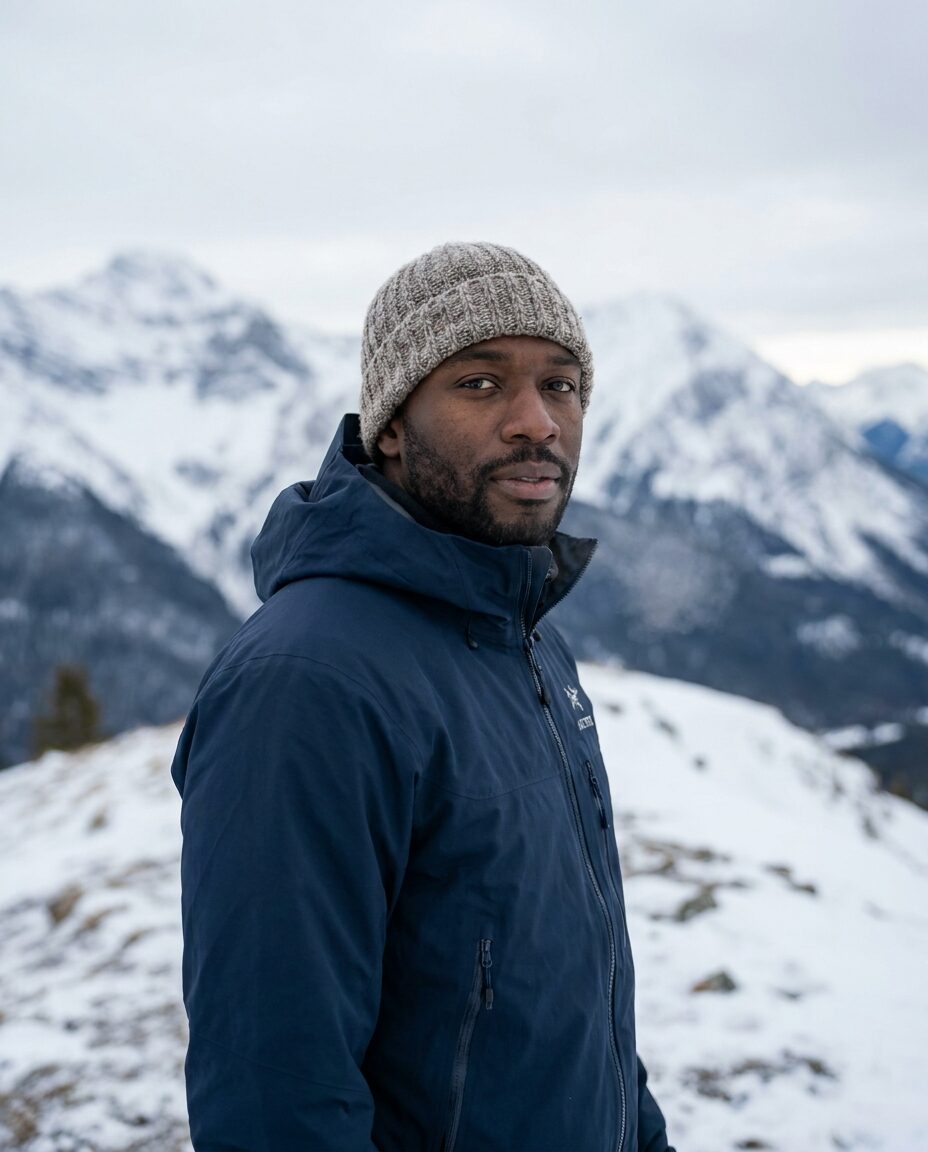 Ben Okonkwo in a wool beanie and alpine shell, snowy peaks out of focus behind him