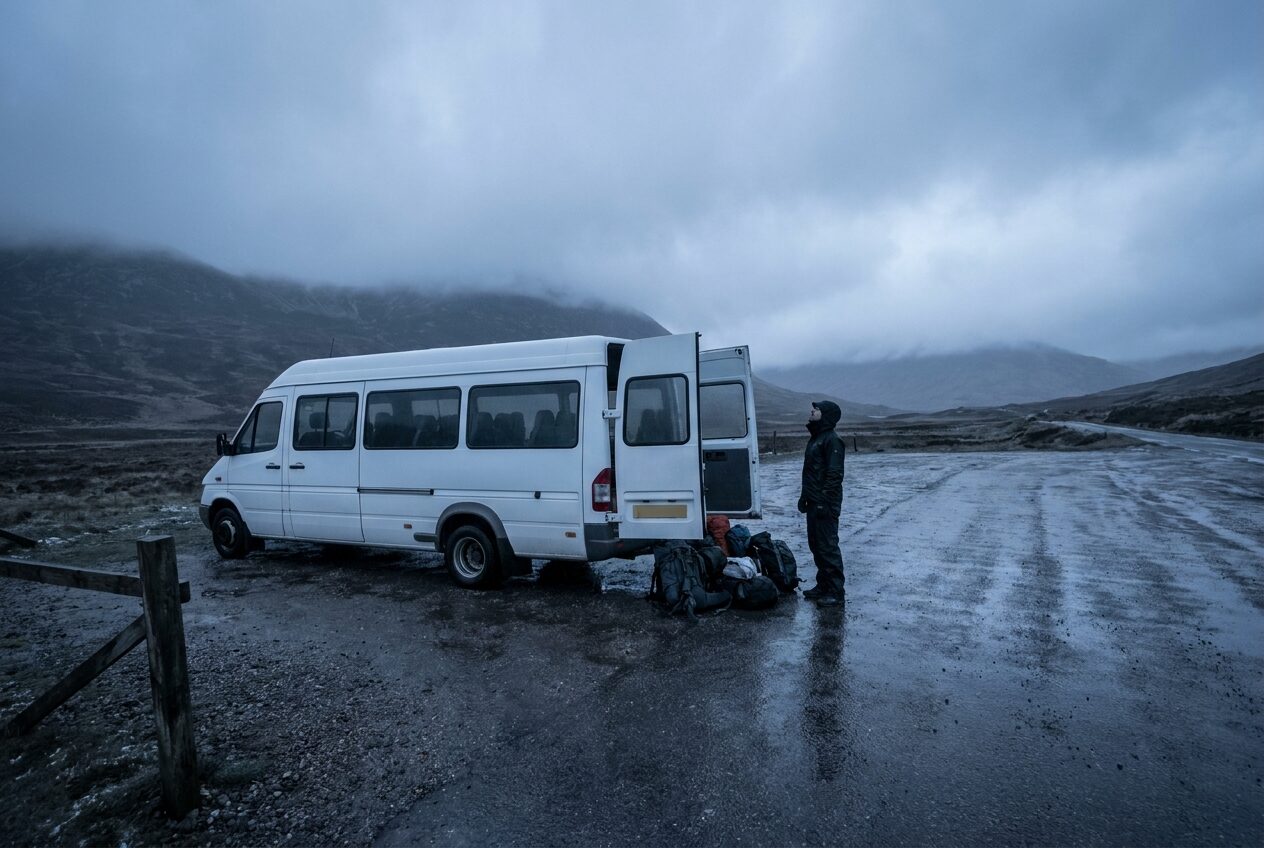 A plain white minibus alone in a sleet-lashed Cairngorms car park at dawn, rucksacks stacked by the open door, cloud hiding the mountains