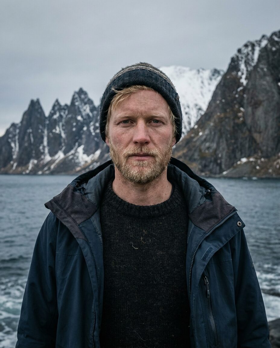 Portrait of Jonas Iversen in a wool beanie and dark sweater, jagged Lofoten peaks and cold sea out of focus behind