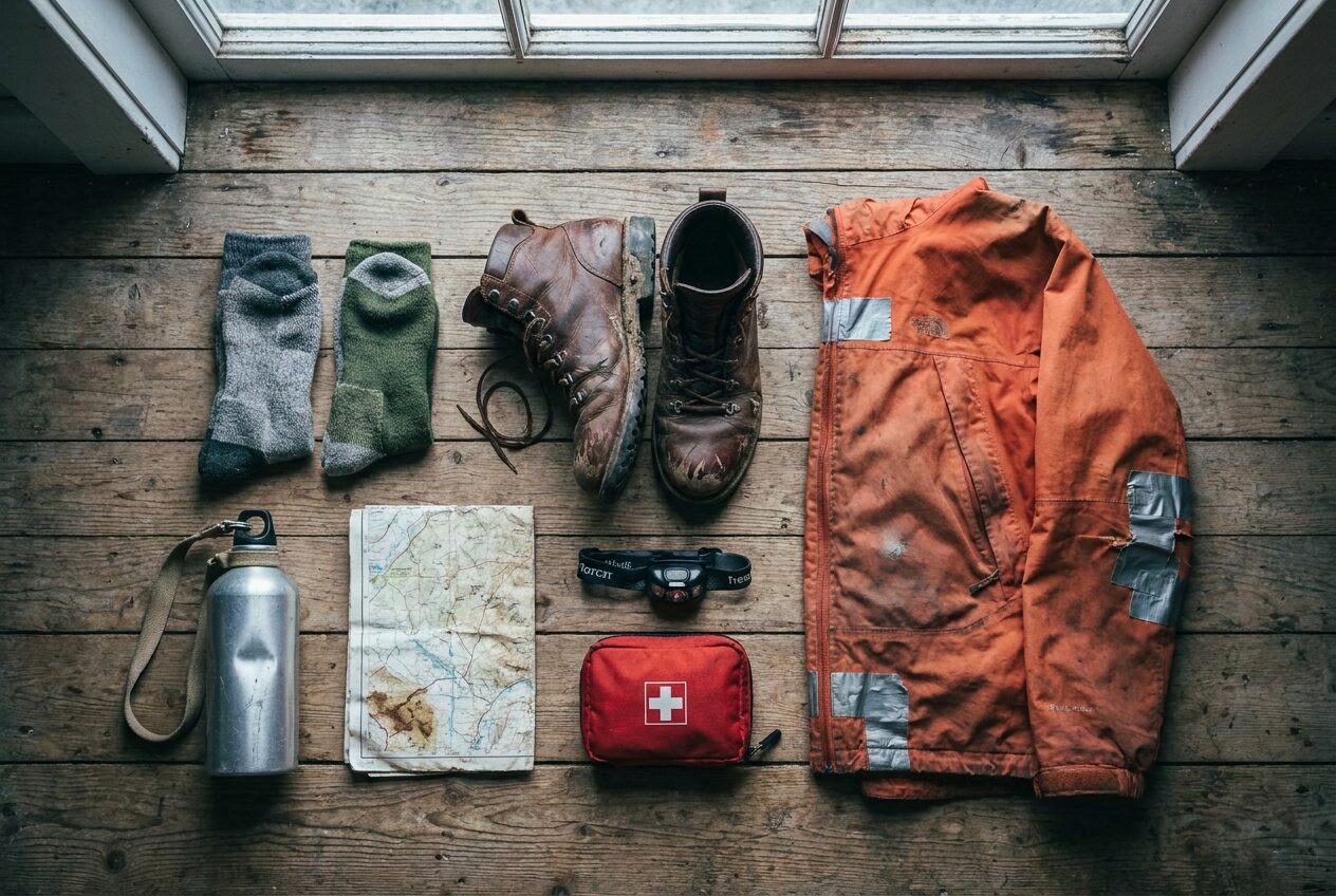 Well-worn trekking kit laid out in rows on old floorboards: scuffed boots, a taped orange shell jacket, darned socks, map, bottle and head torch
