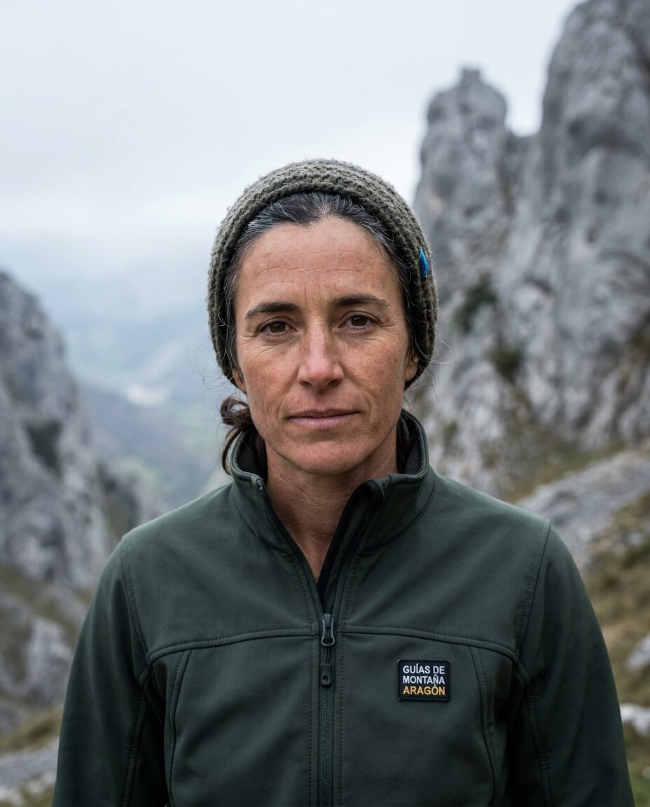 Portrait of Marta Serrano in a green softshell and wool headband, grey limestone towers of the Picos de Europa out of focus behind