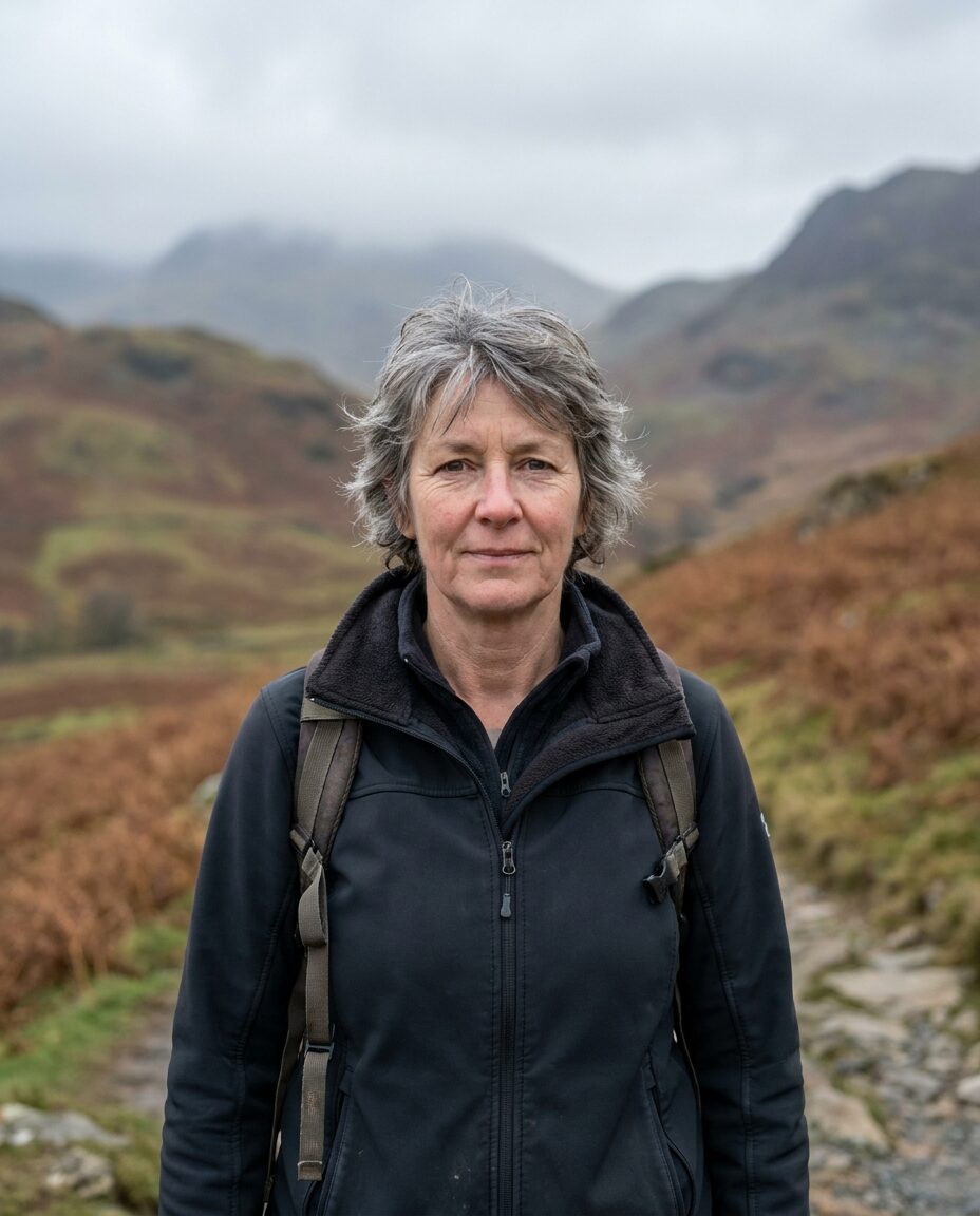 Rhona MacAllister, a weathered outdoorswoman in a dark softshell, mountains behind her