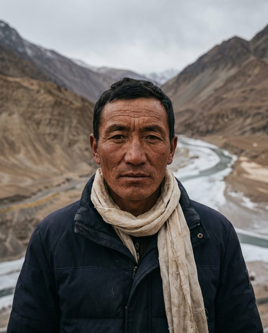 Portrait of Tashi Dorje in a navy down jacket and pale kata scarf, the frozen Zanskar river winding through brown mountains behind