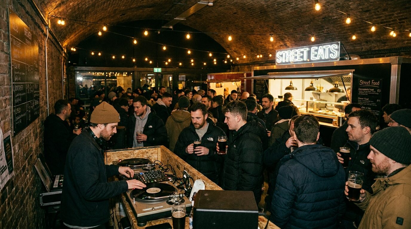 A packed taproom event under festoon lights