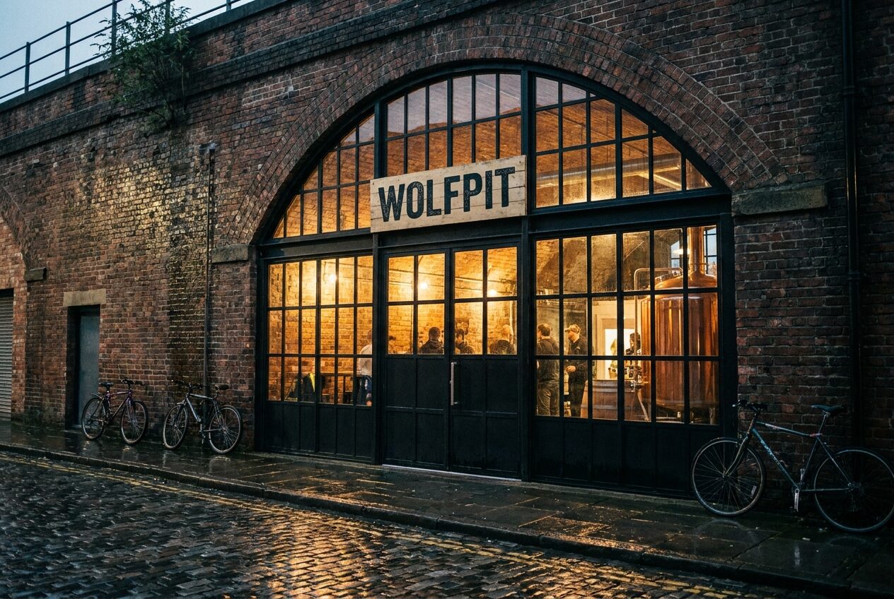 The glazed brick arch of the Wolfpit brewery glowing at dusk