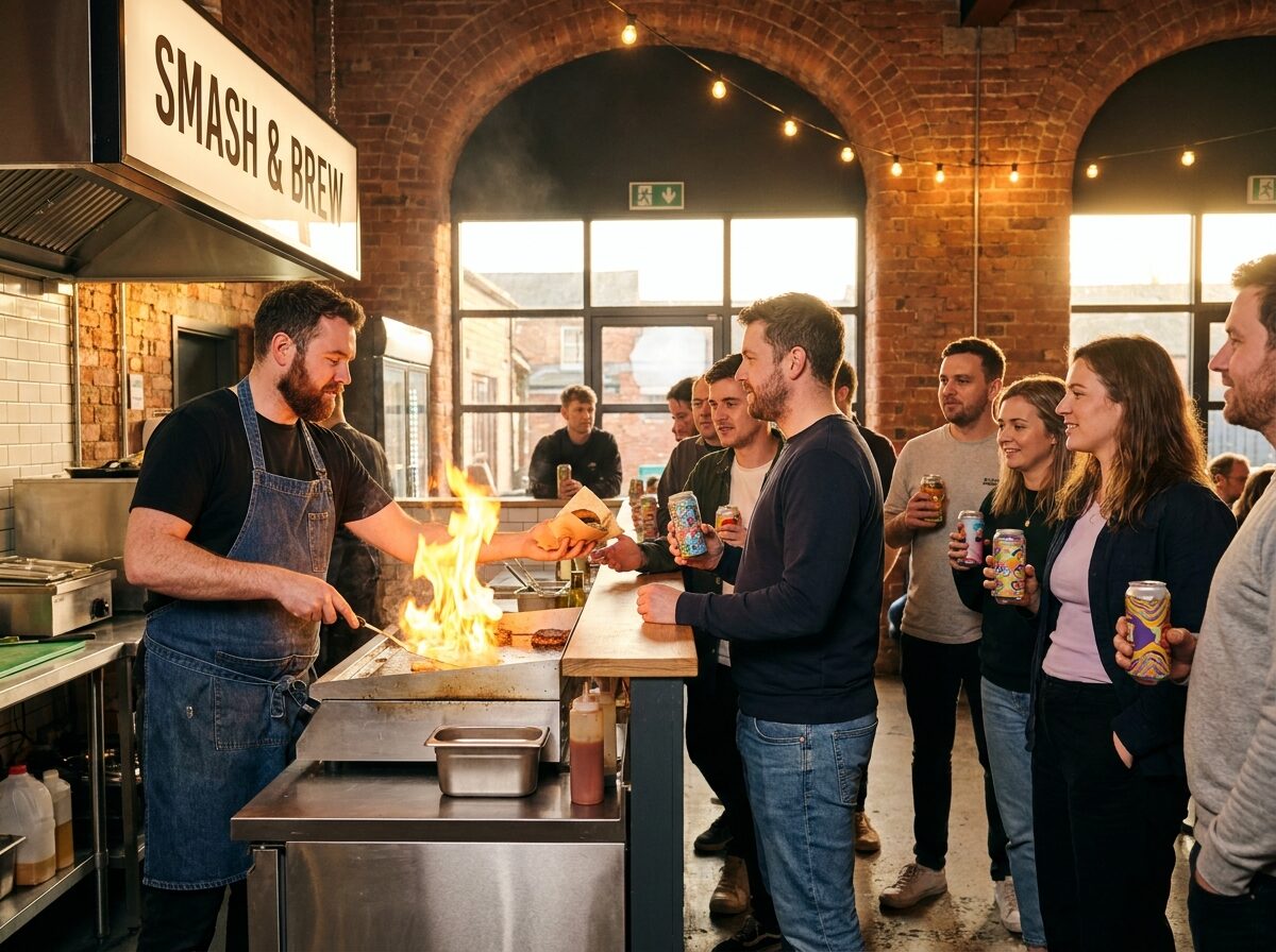 A chef flipping smash burgers at the taproom kitchen counter