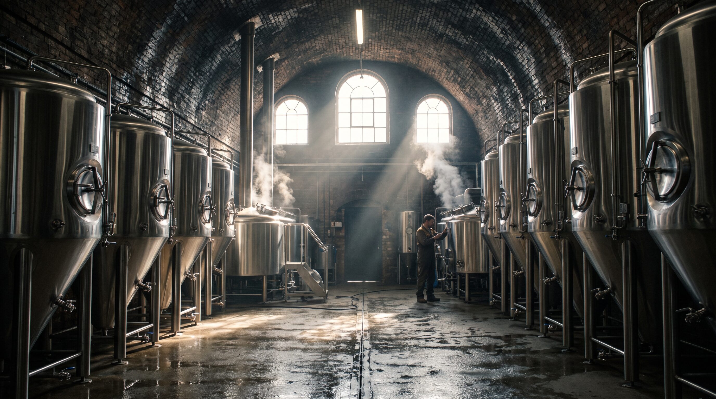 Stainless steel tanks lining the brick railway arch that houses the Wolfpit brewery