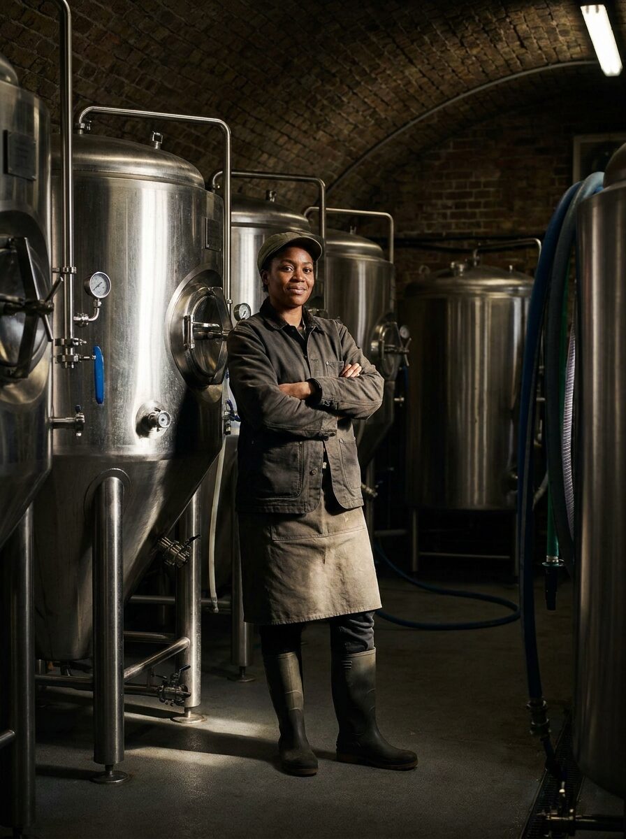 Dana Okafor standing with arms crossed in front of the fermentation tanks