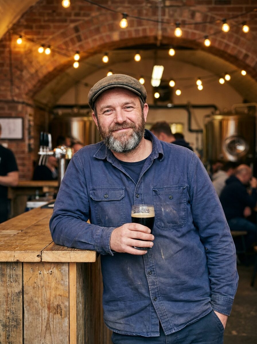 Joe Wolstenholme leaning on the taproom bar with a half of stout