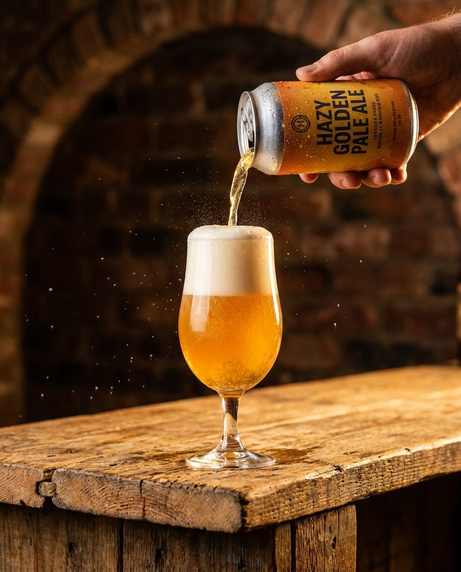 A hazy pale ale being poured into a tulip glass at the taproom bar