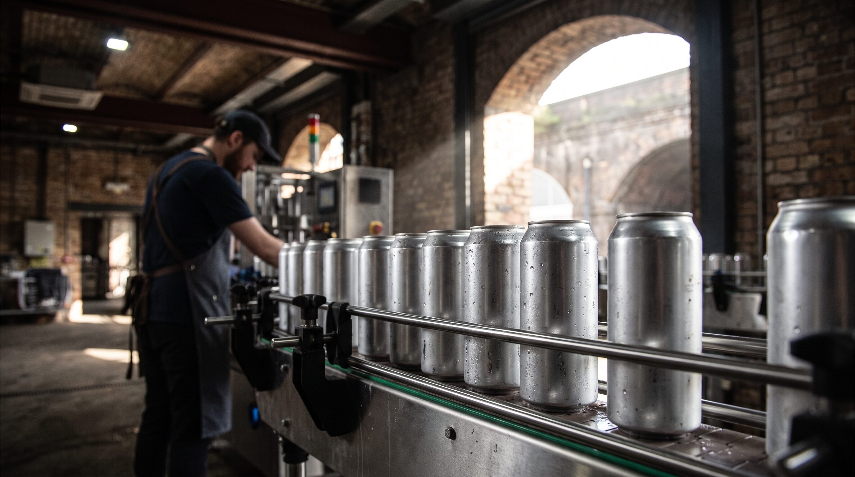 Colour-blocked Wolfpit cans moving along the canning line conveyor
