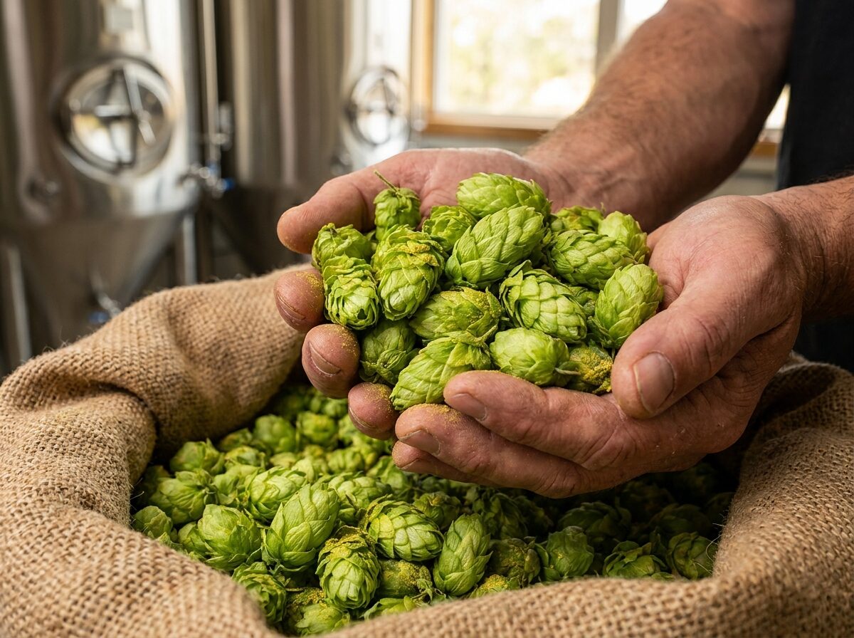 Two hands holding a pile of fresh whole-leaf hop cones