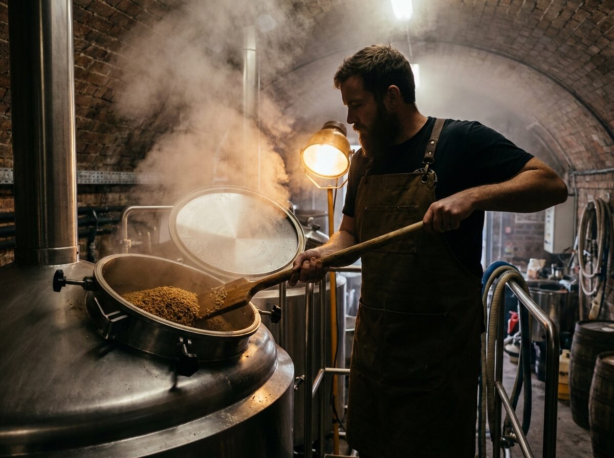 A brewer opening the steaming hatch of the mash tun