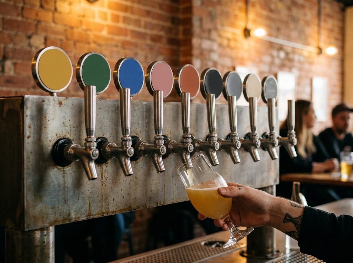 The taproom bar with its row of colour-badged taps