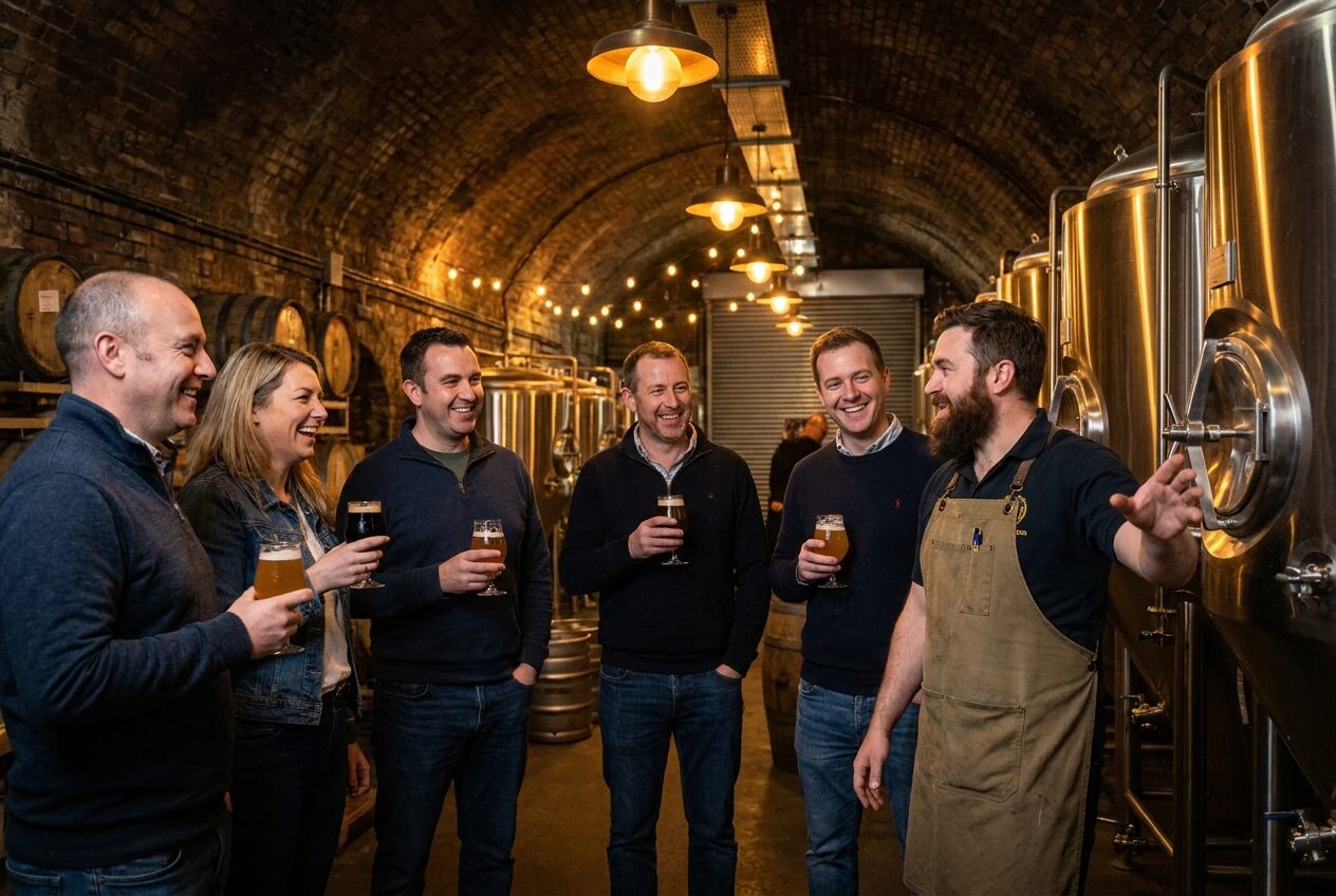 A tour group tasting beers beside the tanks